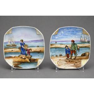 Pair Of Enameled Porcelain Plates With Polychrome Decoration Of Seaside Scenes