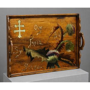 Large Stained Wooden Tray Decorated With A Thistle