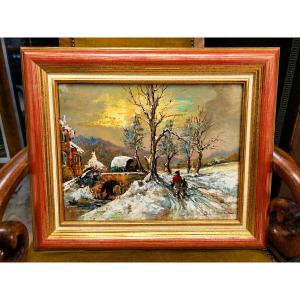 B Franco: Oil On Panel Depicting An Animated Snowy Landscape