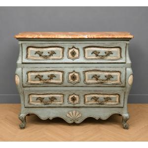 Painted Louis XV Style Tombeau Chest Of Drawers, Late 19th Century Marble Top