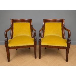 Pair Of Empire Mahogany Armchairs With Dolphins - 19th Century