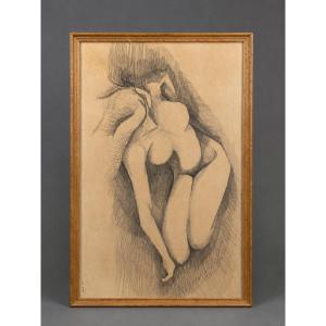 Large Academic Charcoal Drawing Of A Curled-up Female Nude.