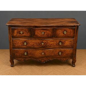 Louis XV Period Curved Walnut And Elm Burr Chest Of Drawers