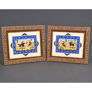 Pair Of Framed Persian Miniatures - Oriental Equestrian Scenes - Oil On Paper