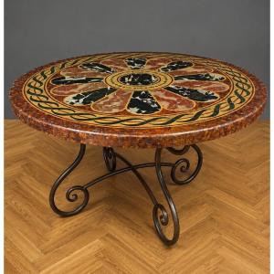 Large Round Table With Scagliola-painted Wooden Top - Wrought-iron Legs