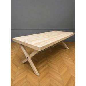 Very Large Industrial Design Table / Airbrushed Solid Wood / L 242 Cm