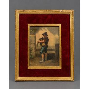 Oil On Panel Depicting A Young Piper - 19th Century