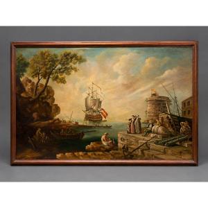 Very Large Animated Marine - Oil On Canvas In The 18th Century Style