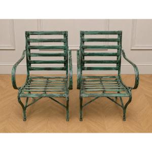 Pair Of Garden Armchairs In Wood And Iron - Antique Work, Late 19th Century