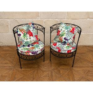 Pair Of Vintage Wrought-iron Armchairs With Tropical Cushions