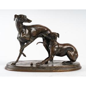 The 2 Doggy Style Playing With A Ball, Signed Sculpture Leads