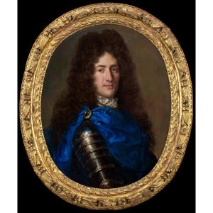 Portrait Of A Gentleman In Armour And Blue Drapery C.1700; Fine Carved Gilded Period Frame