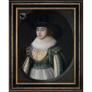 Jacobean Portrait Of Lady Elizabeth Wheeler In White And Green Dress C.1623; Cornelius Johnson
