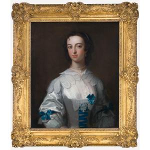 Portrait Of A Lady In A White Dress With Blue Ribbons, Oil On Canvas, C.1745, Fine Carved Frame