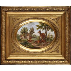 Paris Porcelain "deers In A Landscape" By Saunier, French School, 1819