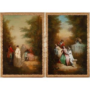 Pair Of Paintings "l'amour Courtois" And "l'amour Volage", French School, Late 19th Century