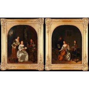  Pair Of Paintings "the Music Lesson", French School, Circa 1840
