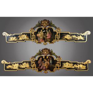 Pair Of “chinoiserie” Pelmets & Their 4 Tieback Holders, France Circa 1870