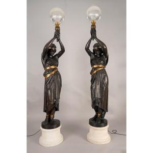 M. Moreau And Val d'Osne, Pair Of "nubian" Torcheres, France, Early 20th Century