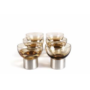 Set Of 6 Modernist Bowls In Smoked Glass And Brushed Metal