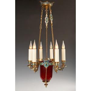 F. Barbedienne, Orientalist Chandelier And Its Wall Lights, France, Circa 1880