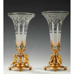 Maison A. Giroux, Pair Of Trumpet Vases, France, Circa 1860