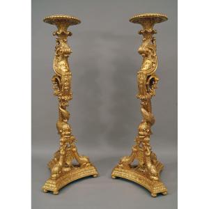 Pair Of « Dolphins » Torcheres Holders, France, Circa 1860