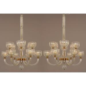 Barovier & Toso, Pair Of Murano Chandeliers, Italy, Circa 1940