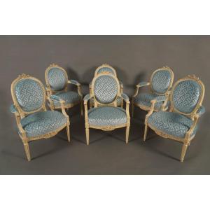 J.-b. III Lelarge, Set Of Six Cabriolet Armchairs, France, Circa 1780