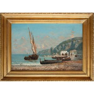 Antoine Ponthus-cinier (1812-1885), The Rock Seen From The Beach Of Capri (faraglioni)
