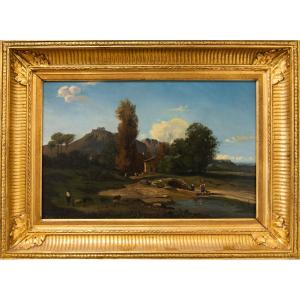 Antoine Ponthus-cinier (1812-1885), Animated Landscape With A Little Bridge