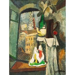 Emile Didier (1890–1965), Still Life In Front Of A Window, Saint Nizier In The Background