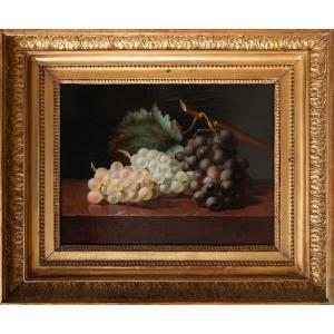 Jean-baptiste Gallet (1820 – 1848), Still Life With Grapes On A Marble Entablature