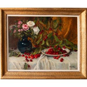 Abel Gay (1877-1961) Still Life With Cherries And A Bouquet Of Roses 