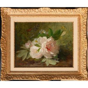 Jules Ferdinand Médard (1855 - 1925), White Peonies And Butterfly Flight, 1889