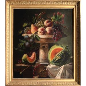 François-frédéric Grobon (1815-1902), Autumn Fruits On A Marble Stand