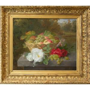Jules Ferdinand Medard (1855 - 1925) - Woven Basket With Fruit And Flowers