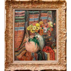 Louis-claude Paviot (1872 - 1943), Still Life With Flowers And A Jug