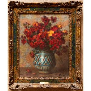 Ernest Filliard (1868 – 1933), Red Roses In A Ceramic Vase
