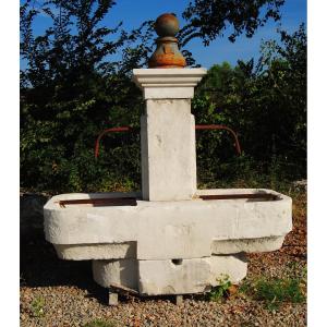 Large Antique Stone Fountain With Double Bowl And Ornamental Cast-iron Bollard