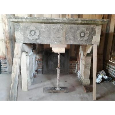 Old Key Fireplace Carved In Rosé Stone From Langres