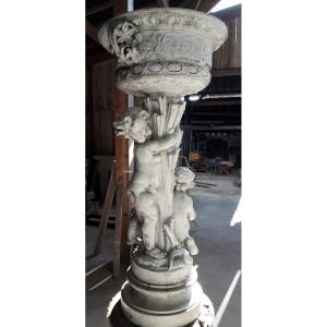 Cast Iron Planter With 2 Cherubs With Wheat Sheaves From Val d'Osne