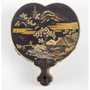 Rare Small Covered Metal Box In The Shape Of A Fan