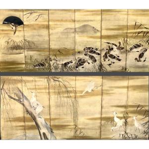 Pair Of 6-panel Japanese Screen Attribution To Kanô Sansetsu (1589-1651)