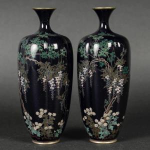 Pair Of Small Japanese Godronné Vases In Cloisonne Enamels