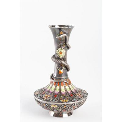 Rare Small Japanese Vase In Silver And Cloisonné Enamels By Mitsu Shige