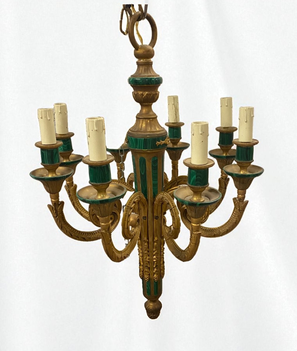 LAMPADARIO IN BRONZO CON DECORAZIONI MALACHITE