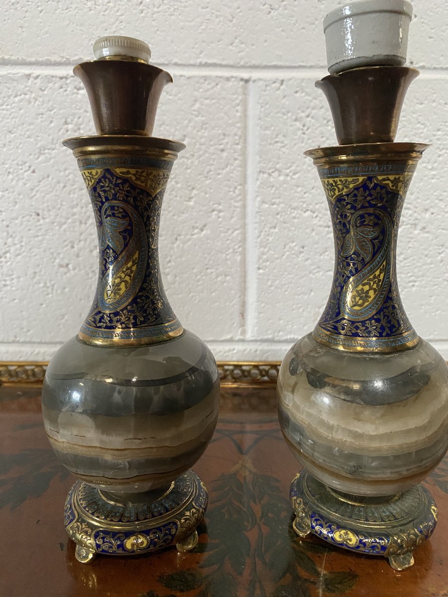 COPPIA DI PICCOLI VASI ONICE E SMALTO CLOISONNÉ-photo-1
