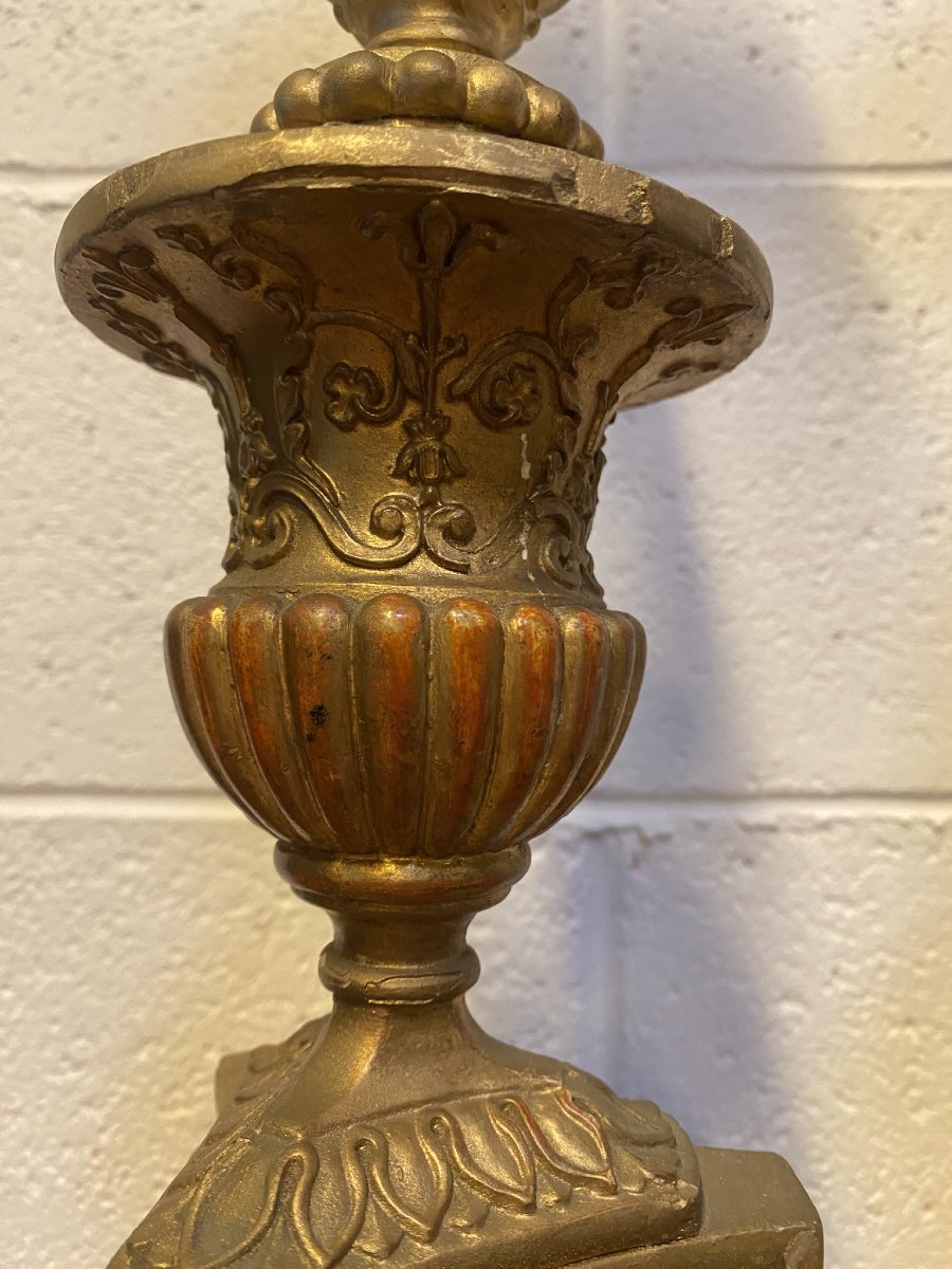 COPPIA DI CANDELABRI IN LEGNO E "PASTIGLIA" DORATI-photo-3