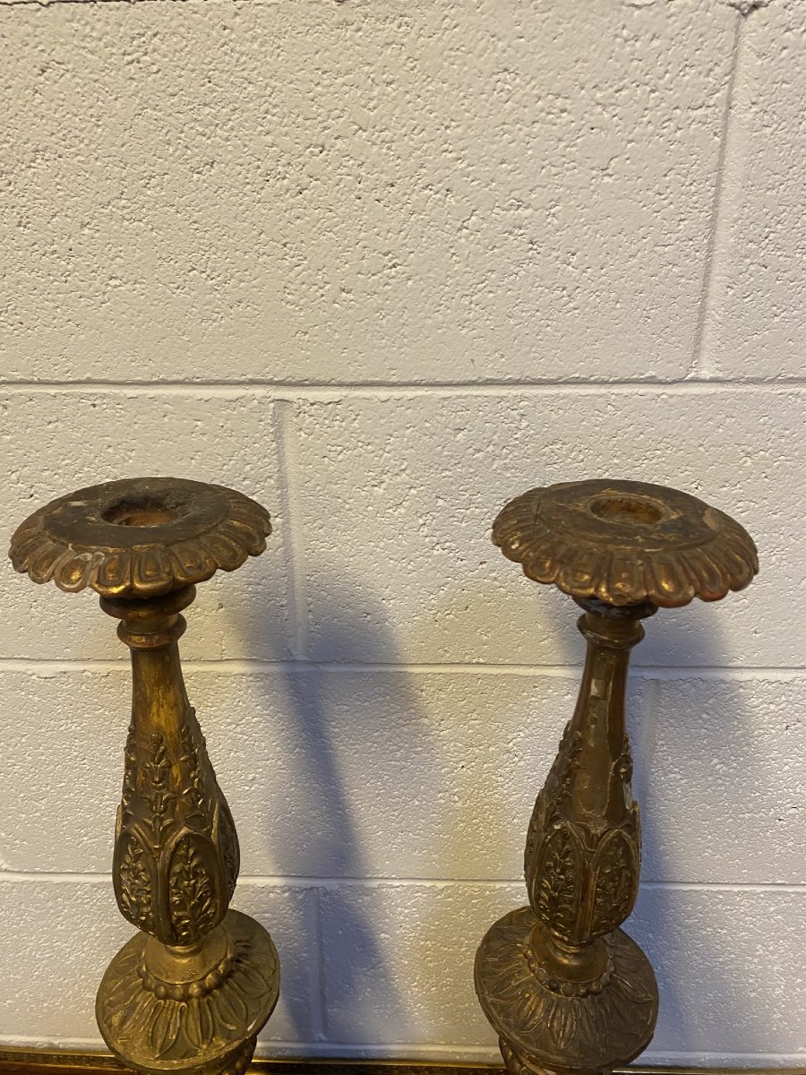 COPPIA DI CANDELABRI IN LEGNO E "PASTIGLIA" DORATI-photo-2